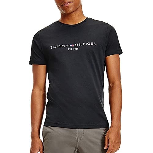 Image of Tommy Hilfiger Men’s Short Sleeve Round Neck Core Tommy Logo T-Shirt, Black (Jet Black), XL