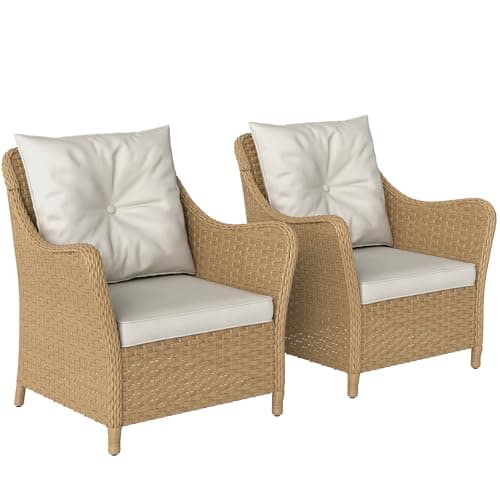 Image of Outsunny Rattan Garden Chairs Set of 2, Outdoor Rattan Chairs with Cushions, Armrests and High Back, PE Wicker Garden Armchair with Steel Frame for Balcony, Porch, Beige