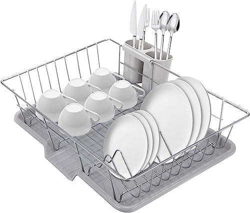 Image of Holdfiturn Dish Drying Rack with Drip Tray Compact Anti-Rust Dish Rack Drainer Metal Wire Cutlery Holders Draining Holder for Kitchen Counter Cabinet