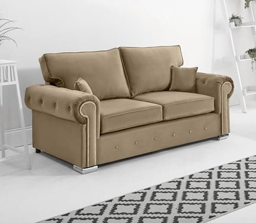 Image of Sofahub Olympic Mink Plush Velvet 3 Seater Sofa | Luxury Modern Sofa with Deep Button Detailing & Foam Cushions | Fullback | Sturdy Wooden Frame (Mink, 3 Seater)