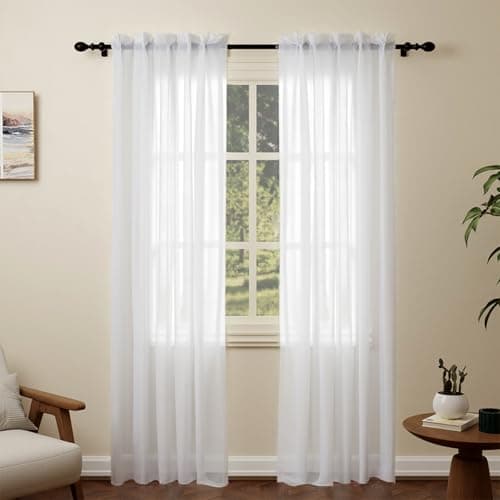 Image of Pacok White Voile Curtains, 90 Drop 2 Panels Net Curtain for Windows, Rod Pocket Sheer Curtain Panel Voile Curtains for Living Room Kitcken Bedroom W56xL90 Inch(White, 142 x 228cm)