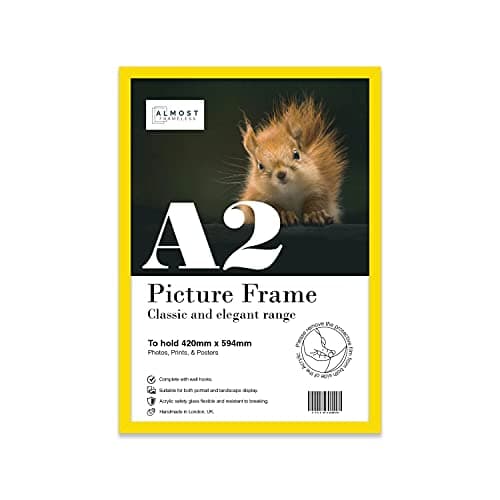 Image of Almost Frameless A2 Yellow Picture Frame, Fits A2 (42 x 59.4cm - 16.5 x 23.4in) Poster, Photo, or Print. Portrait and Horizontal Wall Hooks