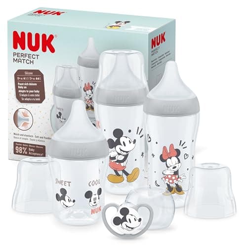 Image of NUK Perfect Match Baby Bottles Set | 0-6+ Months | Adapts to Baby's Palate | 3 x Anti Colic Baby Bottles & Space Soother | BPA-Free | Disney Mickey Mouse | 4 Count