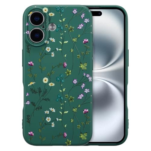 Image of RALEAVO Flower Case for iPhone 17, Liquid Silicone Shockproof Protection Case Cover for Girls Women with Aesthetic Cute Floral Patterns Soft Slim Phone Case for iPhone 17-Dark Green