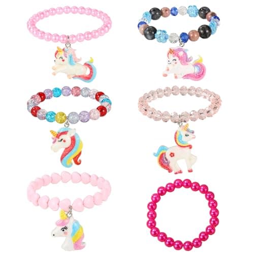 Image of Mikovivi 6pcs Unicorn Rainbow Bracelets, Cute Beaded Bracelets for Girls Kids and Toddlers Birthday Party Goodie Bag Stuffers Pretend Play Favors Jewelry