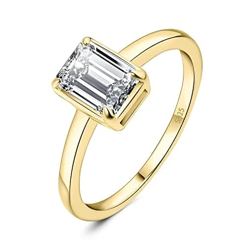 Image of JewelryPalace Classic 1ct Emerald Cut Cubic Zirconia Solitaire Engagement Rings for Women, 14K Yellow Gold Plated 925 Sterling Silver Promise Ring for Her, Simulated Diamond Anniversary Wedding RingsL