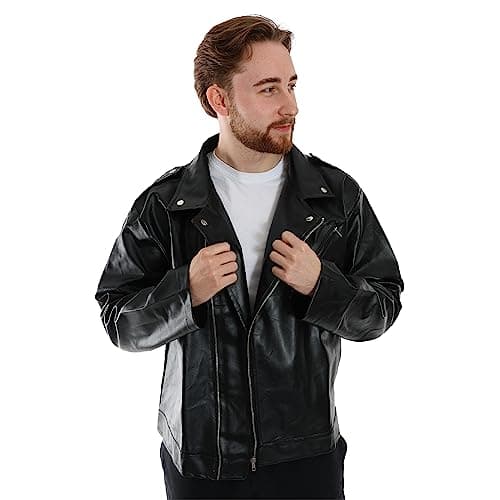 Image of Adults Leather Jacket - Small - Faux Leather Jacket - Perfect for Iconic Musician Dress Up, Movie Character Fancy Dress and Other Fancy Dress Events