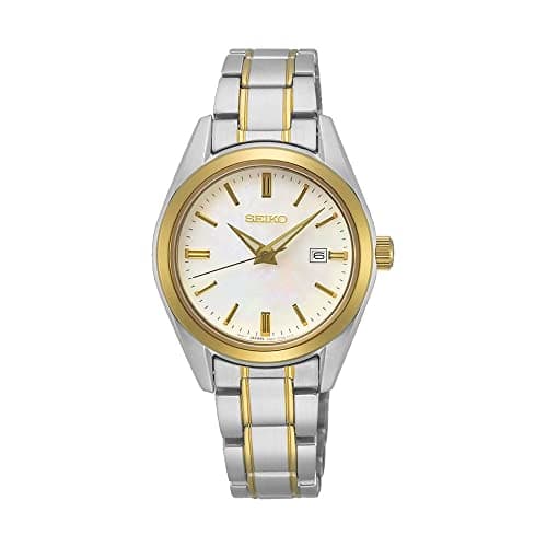 Image of Seiko ladies watch with quartz movement and two tone stainless steel bracelet, case and mother of pearl dial