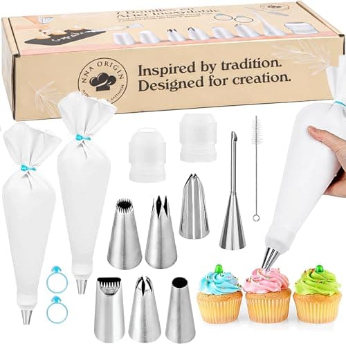 Image of Set of 2 Premium Eco-Friendly Piping Bags - 7 Stainless Steel Nozzles - 40 cm Reusable Cotton Piping Bag - Professional Quality Durable Fabric Easily Washable for Baking