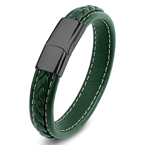 Image of Dsnyu Mens Couple Bracelets, Black Green Faux Leather Bracelets with Stainless Steel Magnetic Clasp, Simple Vintage Bracelet for Fiancé