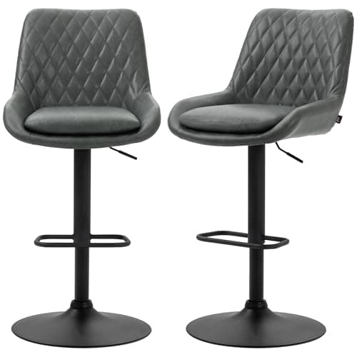 Image of HOMCOM Breakfast Bar Stools Set of 2 with 51x40cm Wide Seat, Height Adjustable Kitchen Counter Chairs, Retro Swivel Upholstered Barstools with Back, Footrest and Steel Base, Dark Grey