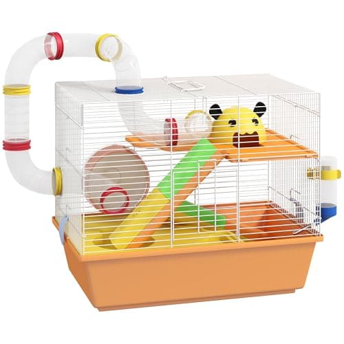 Image of PawHut Hamster Cage, 3 Tiers Gerbil Cage for Dwarf Hamsters with Tubes, Ladder