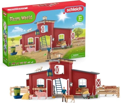 Image of SCHLEICH Farm World - 92 PC Red Barn Farm Playset with Animals, Farmer and Accessories with Movable Pieces - Realistic Barnyard Animal Figurines - Fun Educational Toys for Kids and Toddlers Ages 3+