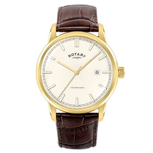 Image of Rotary Men's Heritage Automatic Gold Plated Stainless Steel Brown Leather Strap Watch