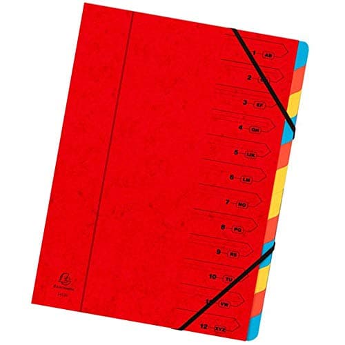 Image of Exacompta - Ref 54125E - Stapled Spine Multipart File - 245 x 320mm in Size, Suitable for Storing A4 Documents - 12 Tabbed Sections - Red Cover with Multicoloured Tabs