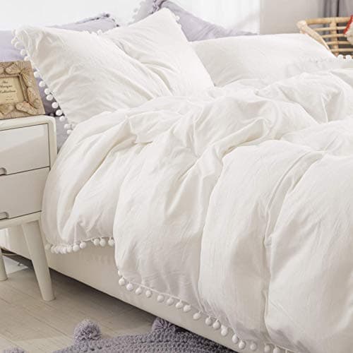 Image of White Duvet Cover Double Size 3 Piece Pompoms Soft Microfiber Tassels Design Plain Colour 4 Seasons Bedding Set