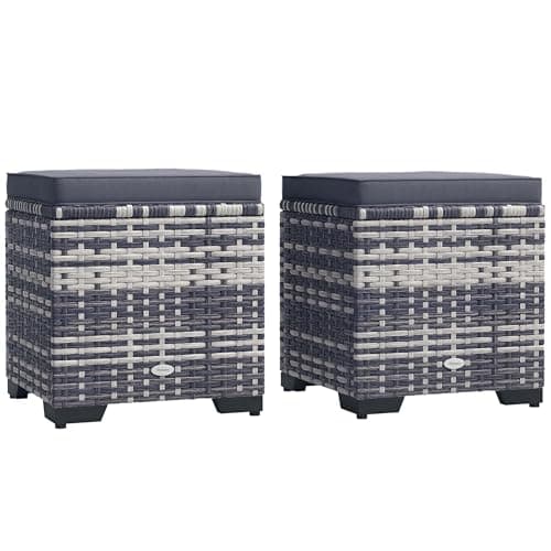 Image of Outsunny Set of 2 Rattan Storage Ottoman, Outdoor Footstool with Removable Cushions, Garden Storage Seat for Balcony, Porch, Living Room, Dark Grey