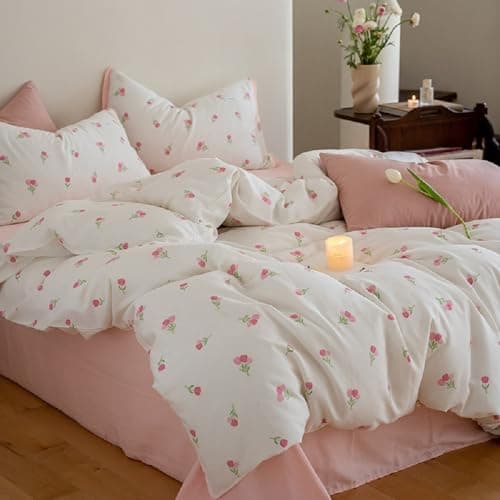 Image of Lanqinglv Double Duvet Cover Set Floral White Pink Tulips Flowers Bedding Modern Comforter Cover 200x200 cm with Zipper Closure and 2 Pillowcases 50x75 cm