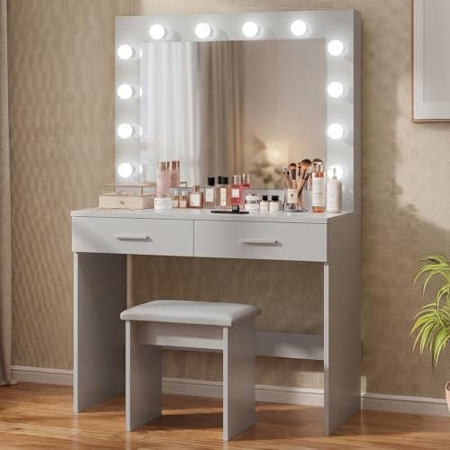Image of Jooli H Grey Dressing Table Set with Hollywood LED Lights Mirror, Vanity Makeup Table 2 Large Drawers and Stool