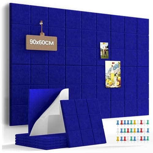 Image of Uoisaiko 90 x 60cm Large Felt Pin Board for Walls, 6 Pack DIY Bulletin Board Tiles, 0.9cm Thick Cork Board Alternative with 30 Push Pins, Acoustic Vision Board for Office, School & Home Decor, Blue