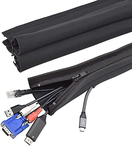 Image of YOSH Cable Tidy Management Zip Wire Sleeves, Waterproof &Dust Proof Neoprene Fabric Prevent Chewing, Under Desk Cables Cord Organizer for PC/TV/Ethernet at Home/in Office - 50cm*2+100cm*2 Black