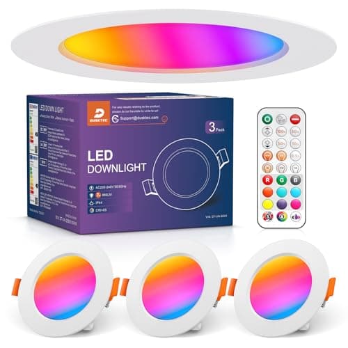 Image of DUSKTEC LED Downlights for Ceiling, RGB Spot Light with Remote Control, 7W Warm White to Cool White Recessed Ceiling Lights Dimmable, IP44 Colour Changing Spotlights for Bathroom Kitchen Living Room