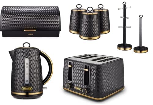Image of Tower Empire 1.7L 3KW Jug Kettle, 4 Slice 1600W Toaster, Bread Bin, Set of 3 Tea, Coffee & Sugar Canisters, Mug Tree & Towel Pole. Kitchen Set of 8 in Black with Brass Accents