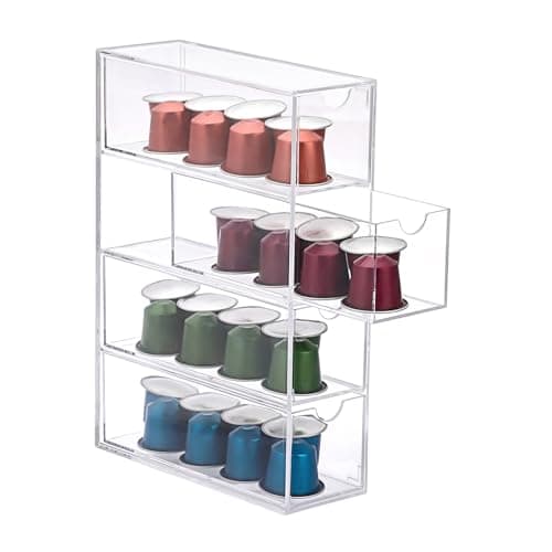 Image of IGNPION 1pc Acrylic Coffee Pods Storage Box with 4 Drawer, Clear Kitchen Coffee Capsules and SugarPacket Holder with Lid, Stackable Small Desktop Organiser Drawer for Office, Batheroom, Dresser