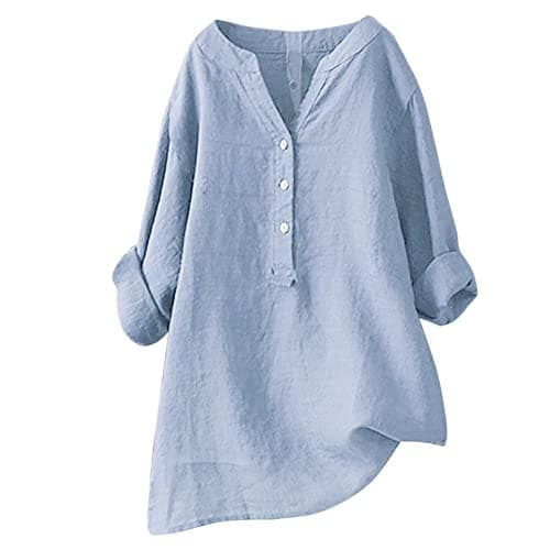 Image of Women Oversized Shirts V Neck Button Down Summer Blouse Roll-Up Sleeve Tops Tunic Trendy Boho Ladies Clothes 2025(Blue,4X-Large)