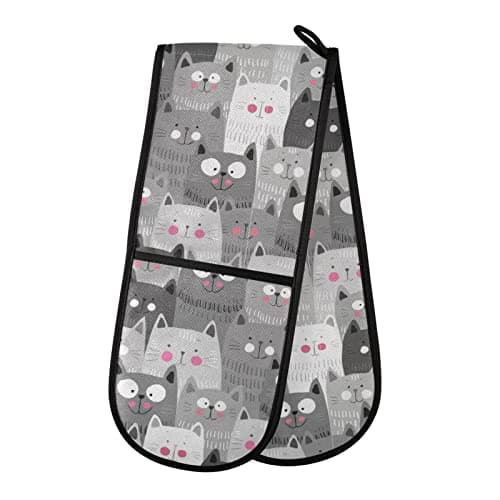 Image of Double Oven Gloves Cute Cats Black Heat Resistant Pot Holder Oven Mitt Gloves for BBQ Cooking Baking Grilling Microwave