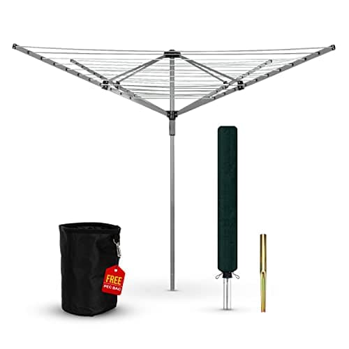 Image of Heavy Duty Rotary Washing Line Outdoor, 4 Arm 60M Washing Line Rotary with Peg Bag, Metal Ground Spike, and Cover Included, Rotary Clothes Lines for Outside, Whirlygig Clothes Airer Outdoor