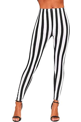 Image of Miss Trendy Women's Monochrome Contrast Stripe High Waist Stretch Leggings Elasticated Waistband Full-Length Printed Trousers for Casual Wear - Black White - 12-14