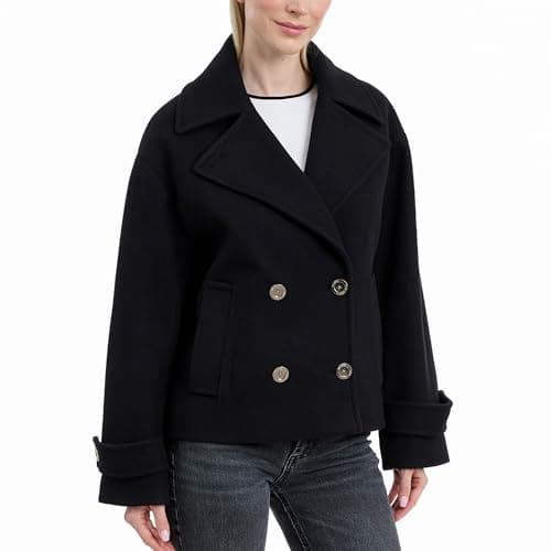 Image of Michael Kors womens Double Button Short Peacoat With Faux Wool, Stylish Wool Coat for Women, Belted Wrap Design, Black, L