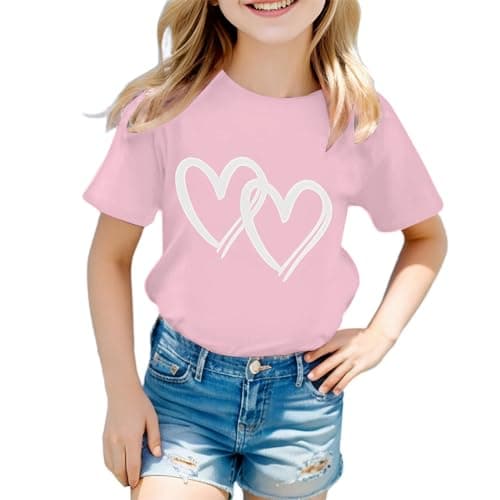 Image of Cute Graphic Print Cotton T-Shirt - Girls' Lightweight Soft Top - Round Neck Short Sleeve Tee - Summer Casual Shirt - School Tee - Christmas T-Shirt - Age 3-12 (05-Pink, 3-4 Years)