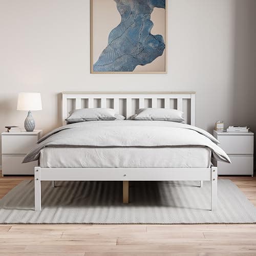 Image of Vida Designs Milan Double Bed, 4ft6, Bed Frame, Solid Pine Wood, Headboard, Low Foot End, Bedroom Furniture, White & Pine