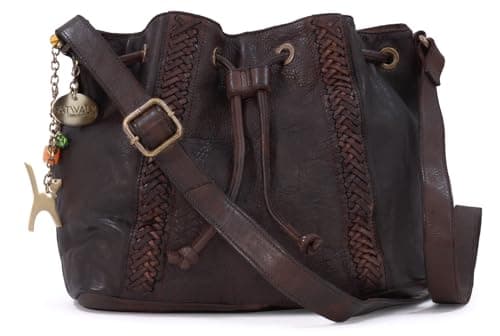 Image of Catwalk Collection Handbags - Women's Crossbody Bag - Medium Drawstring Bucket Bag - Washed Vintage Leather - Francesca - Brown