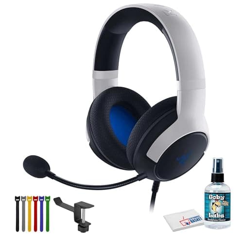 Image of Razer Kaira X Wired Gaming Headset for PS5, PS4, Mac PC, Mobile - White and Black Bundle Including: Headphone Holder, Headphone Cleaner, Cable Ties, Fiber Cloth