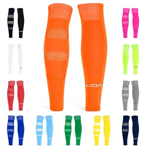 Image of Performance Football Sock Sleeves - Premium LION BREATHE Technology - Breathable Mesh To Reduce Pressure On Calf Muscles (UK, Alpha, L, Orange)