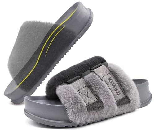Image of KuaiLu Womens Platform Slipper with Arch Support Soft Cushion Faux Fur Sandals Open Toe House Slipper Fluff Slides Indoor Outdoor,Grey Size 5