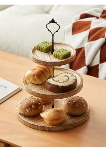Image of Uwenkjie 3-Tier Round Wooden Cake Stand, Warm Brown Yellow Paulownia Wood Display Tray for Desserts, Cupcakes, Afternoon Tea