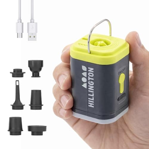 Image of Hillington 3-in-1 Portable Air Mattress Pump - Rechargeable Electric Air Bed Pump for Deflate Inflatable with Camping Light and 5 Nozzles - Mini Vacuum Pump for Travel Bags Outdoor Use