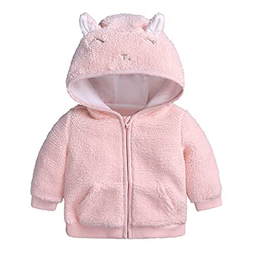 Image of Infant Baby Boys Girls Fleece Ears Hat with Hooded Zipper Up Jacket Coat Tops Warm Outwear Overcoat Fall Winter Clothes Pink 3-6 Months