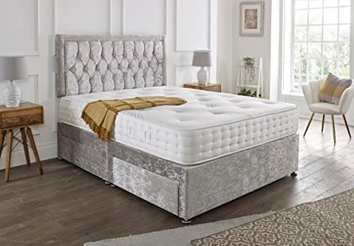Image of SANA SLEEP Designer Damask Memory Foam Divan Bed Set With Mattress, 2 Drawers (Same Side) and Headboard 5FT King - Silver Crushed Velvet