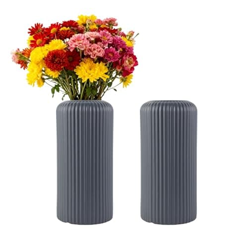 Image of Fyfjur Plastic Vase For Flowers, 2 Pcs Striped Modern Grey Flower Vases for Living Room Office Wedding Decoration (20 x 10cm)