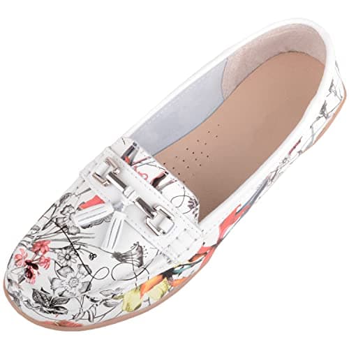 Image of ABSOLUTE FOOTWEAR Womens Easy Slip On Leather Colour Floral Print Tassle Summer Work Loafers - White - UK 3 / EU 36