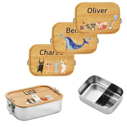 Image of AuraWeave Personalised Stainless Steel Lunch Box with Bamboo Lid, Compartmentalized Bamboo Lunch Box for Kids, Custom Name & Animal Design, Reusable Eco-Friendly Gift for School & Picnics (1200ml)