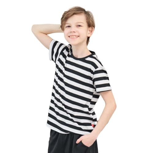 Image of Cozozn Boys' Short Sleeve Striped T Shirt Cotton Kids Crew Neck Tees Tops, Black and White Stripes, 3-4 Years