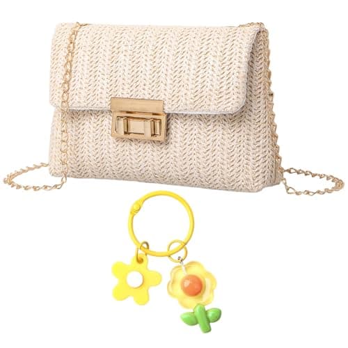 Image of 1 Piece Of Woven Ladies Bag, 1 Piece Of Flower Pendant, Fashionable And Simple Small Square Bag, Summer Vacation Shoulder Bag, Bag Decoration Pendant.