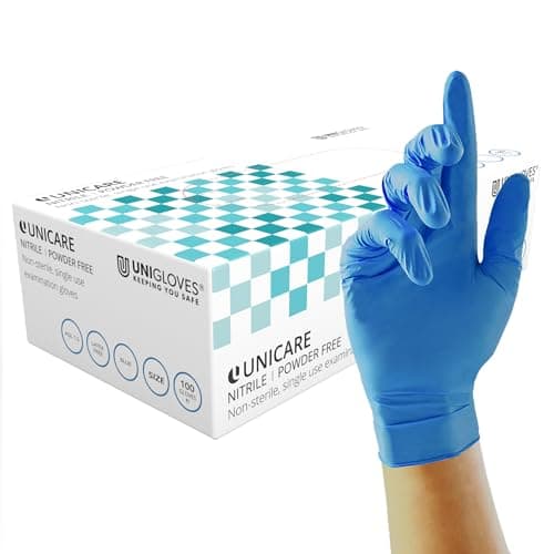 Image of Unigloves Unicare Nitrile Examination Disposable Gloves - Multipurpose, Powder Free, Medical Gloves - Box of 100 Gloves, Blue, Large (GS0034)