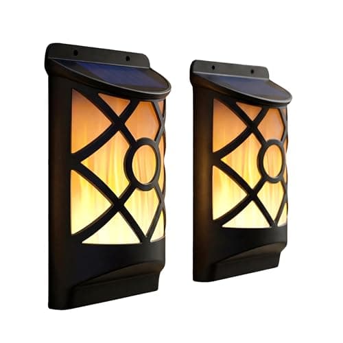 Image of GEEZY Flame Effect Solar Wall Lights, Set of 2 - Wall Mounted LED Torch Lamp with Flickering Flame - Water & Weatherproof Auto Dusk to Dawn Outdoor Lighting for Garden, Fence, Patio & Alley